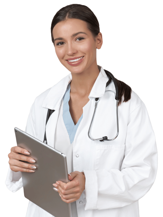 Smiling doctor holding tablet computer profile cutout